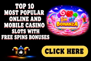 Top 10 Most Popular Online and Mobile Casino Slots with Free Spins Bonuses image with black background, Sweet Bonanza game logo and white text