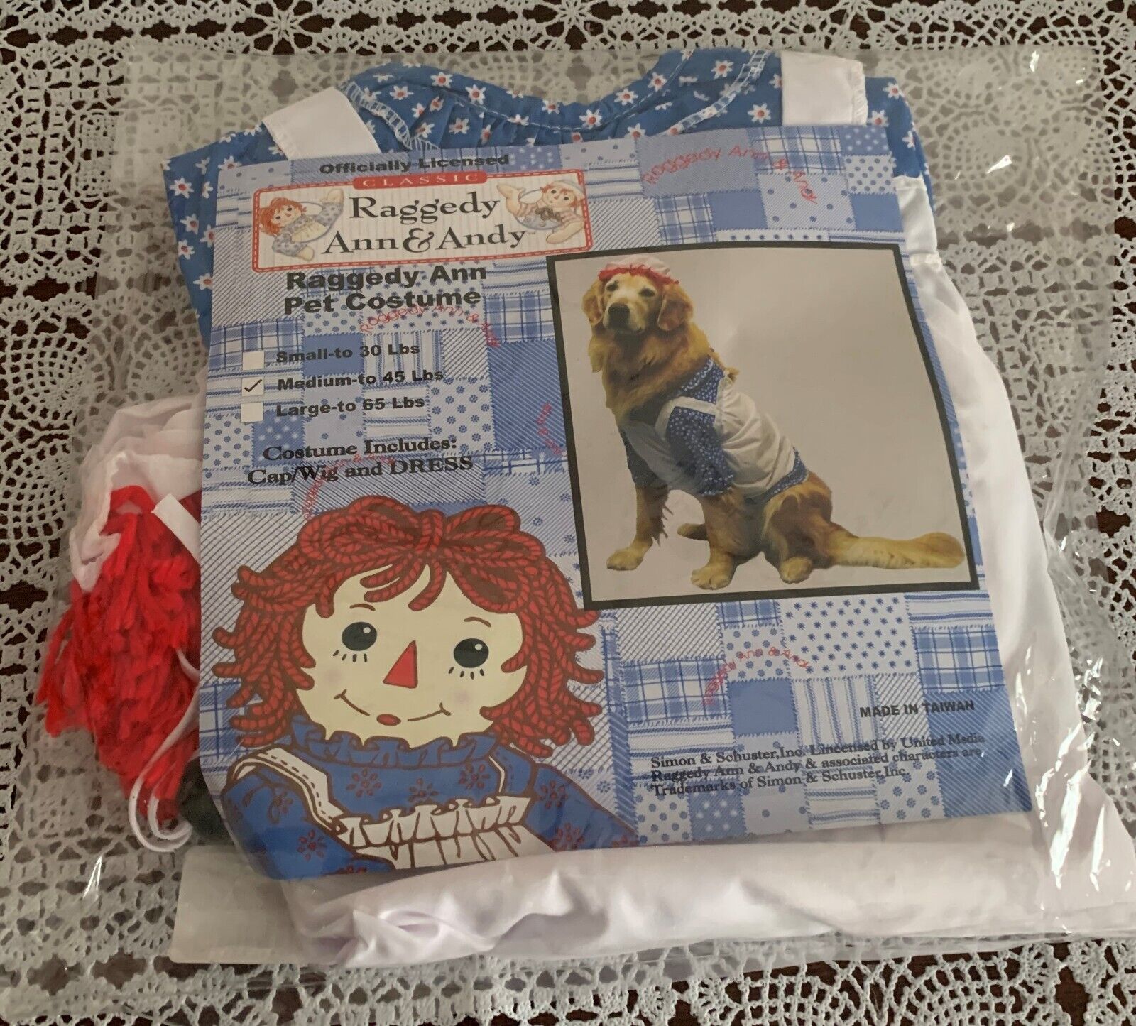 Simon SchusterRaggedy Ann Dog Costume MEDIUM  Dress Apron Cap Yarn Brand New