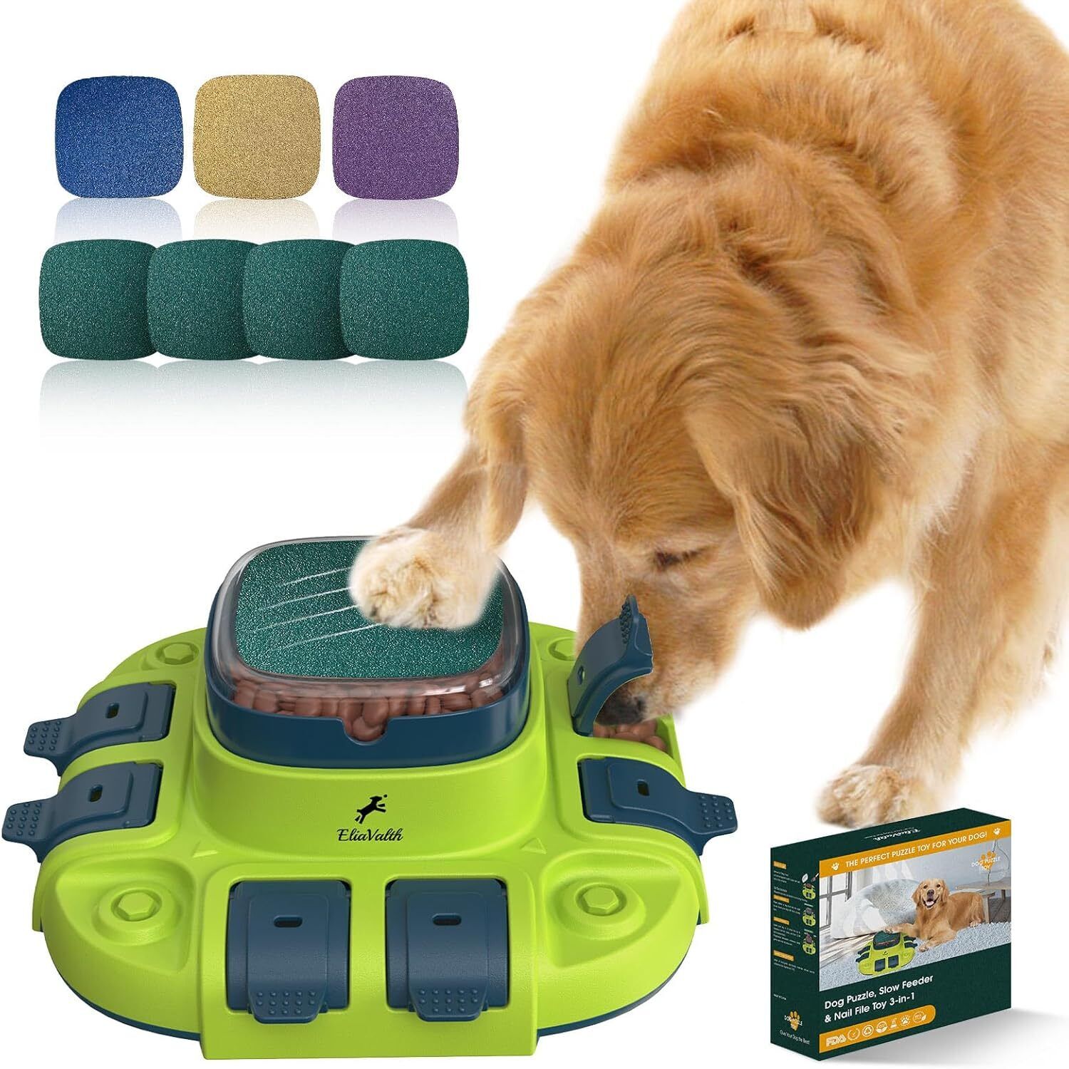Dog Puzzle, 3-in-1 Dog Toy: Puzzle, Slow Feeder Dog Bowls & Dog Nail File Green