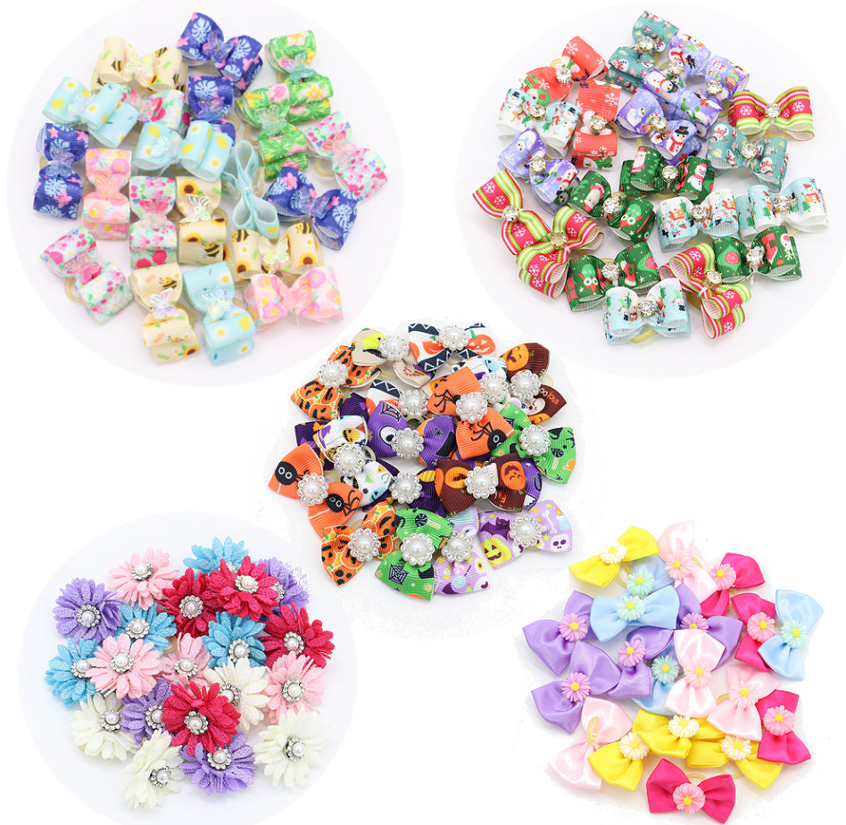 Cute Small Dog Bowknot Hair Bows with Rubber Bands Pet Hair Grooming Accessories