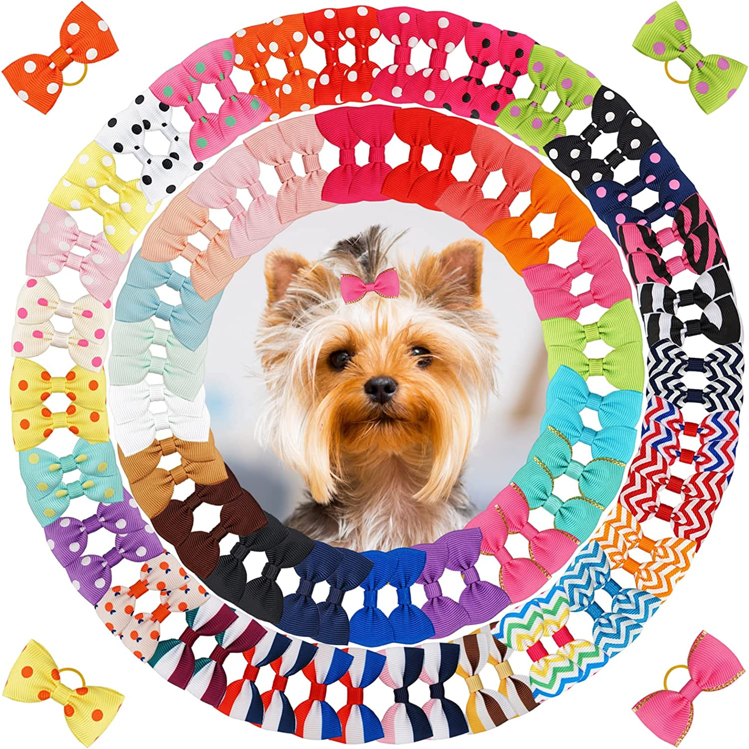 Yxiang 100PCS Cute Pet Grooming Accessories - Colored Polka Dot Hair Bows with R