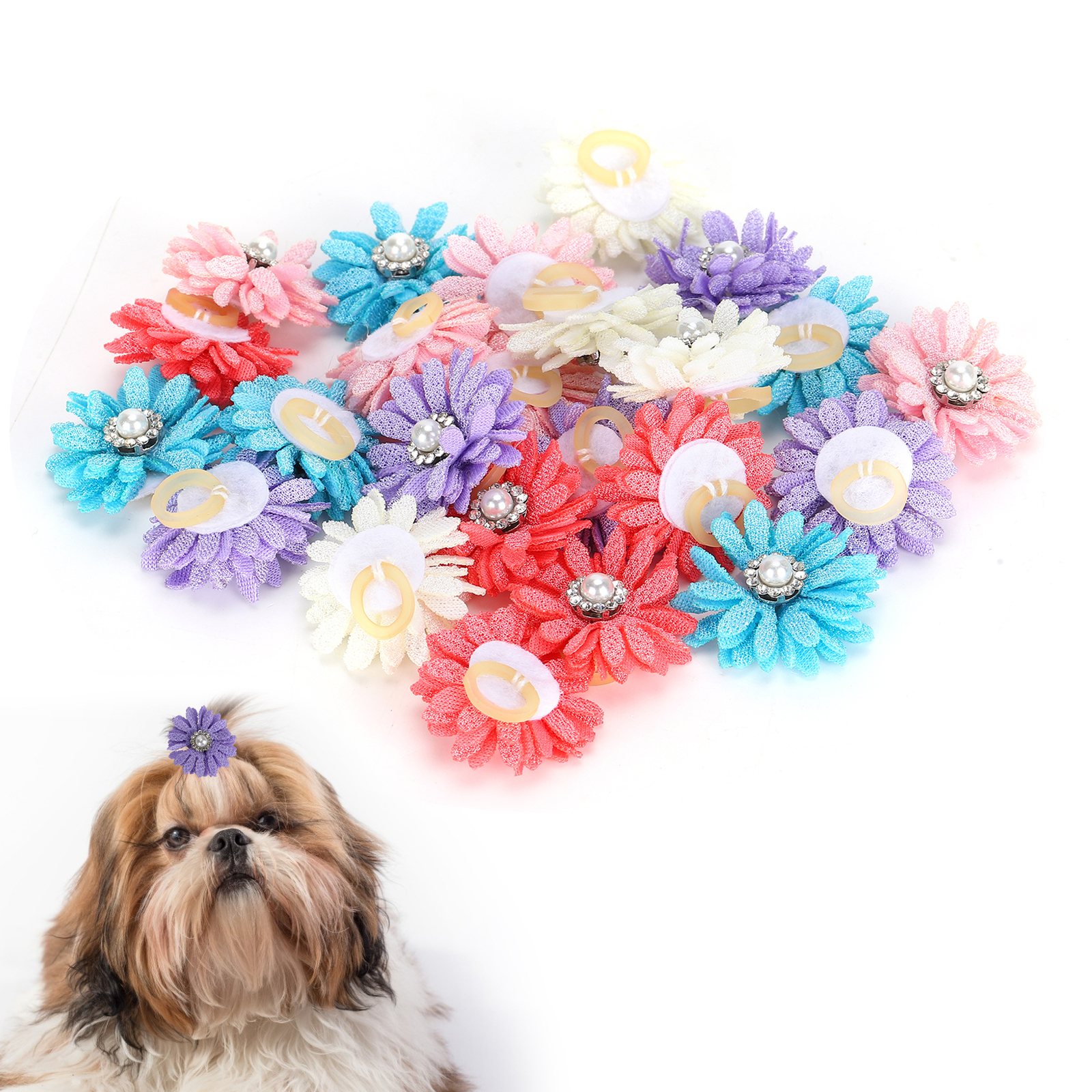 25Pcs/lot Cute Pet Dog Cat Hair Bows Flowers Grooming Bows With Rubber Bands