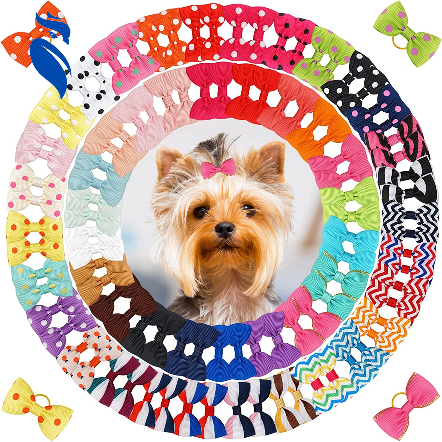 100PCS Cute Pet Grooming Accessories Colored Polka Dot Hair Bows & Rubber Bands