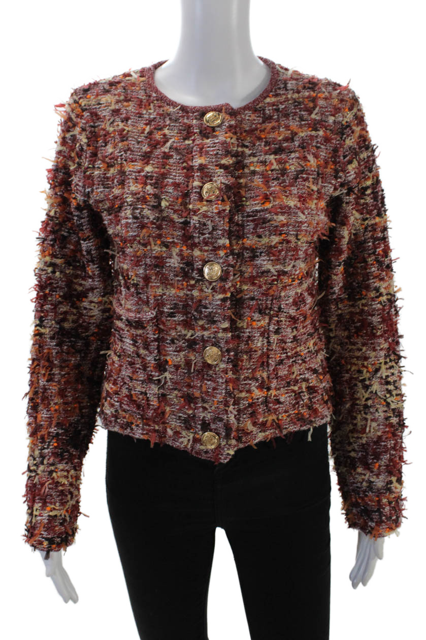 Zara Womens Textured Woven Gold Tone Buttoned Evening Jacket Red Size S