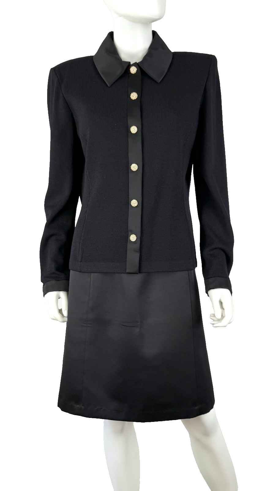 St. John Evening New 12 US 48 IT L Black Knit Wool Satin 2 Pc Suit Skirt Jacket