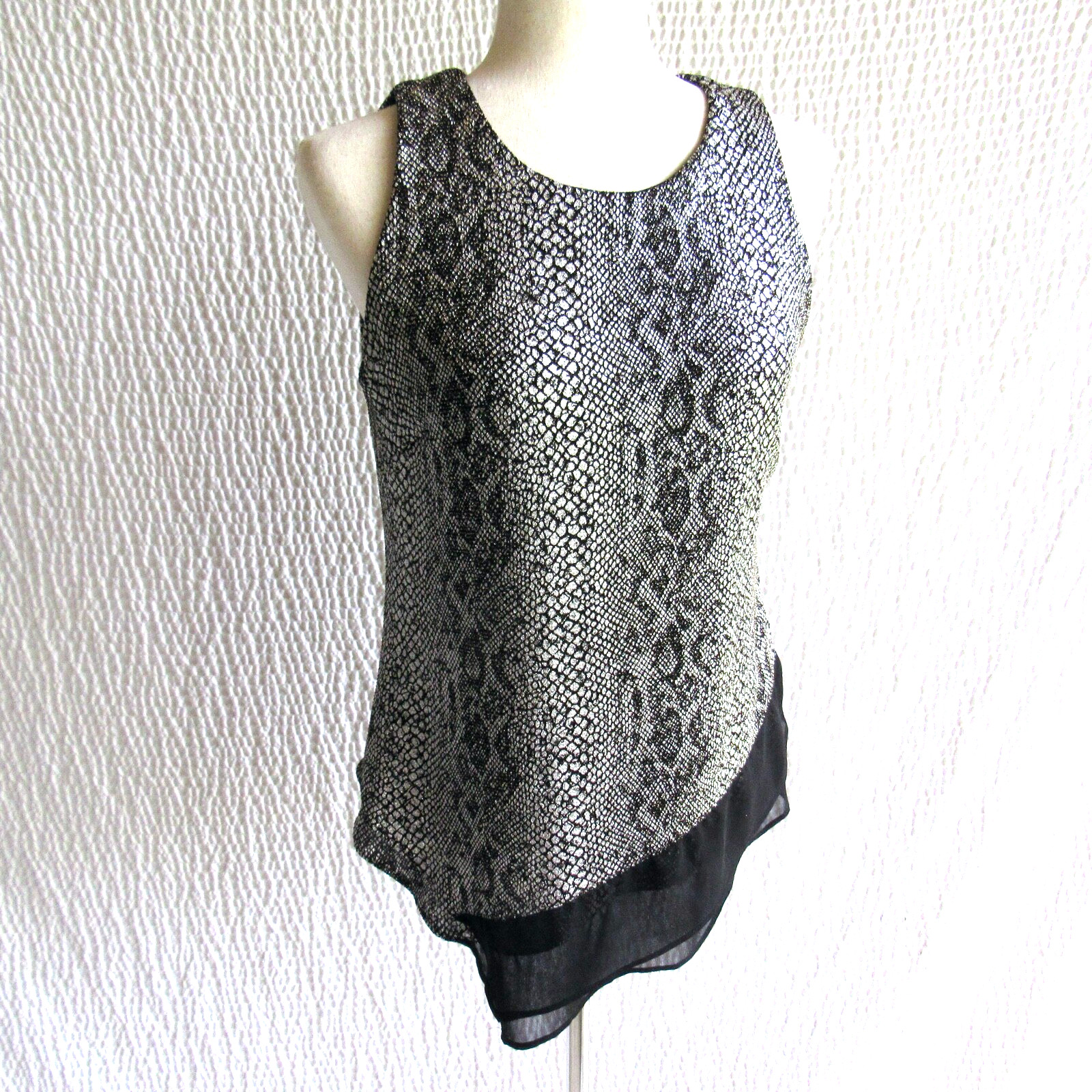 Silver Snake Print Shirt Top S Layered Look Black Chiffon S Levine Evening Dresy