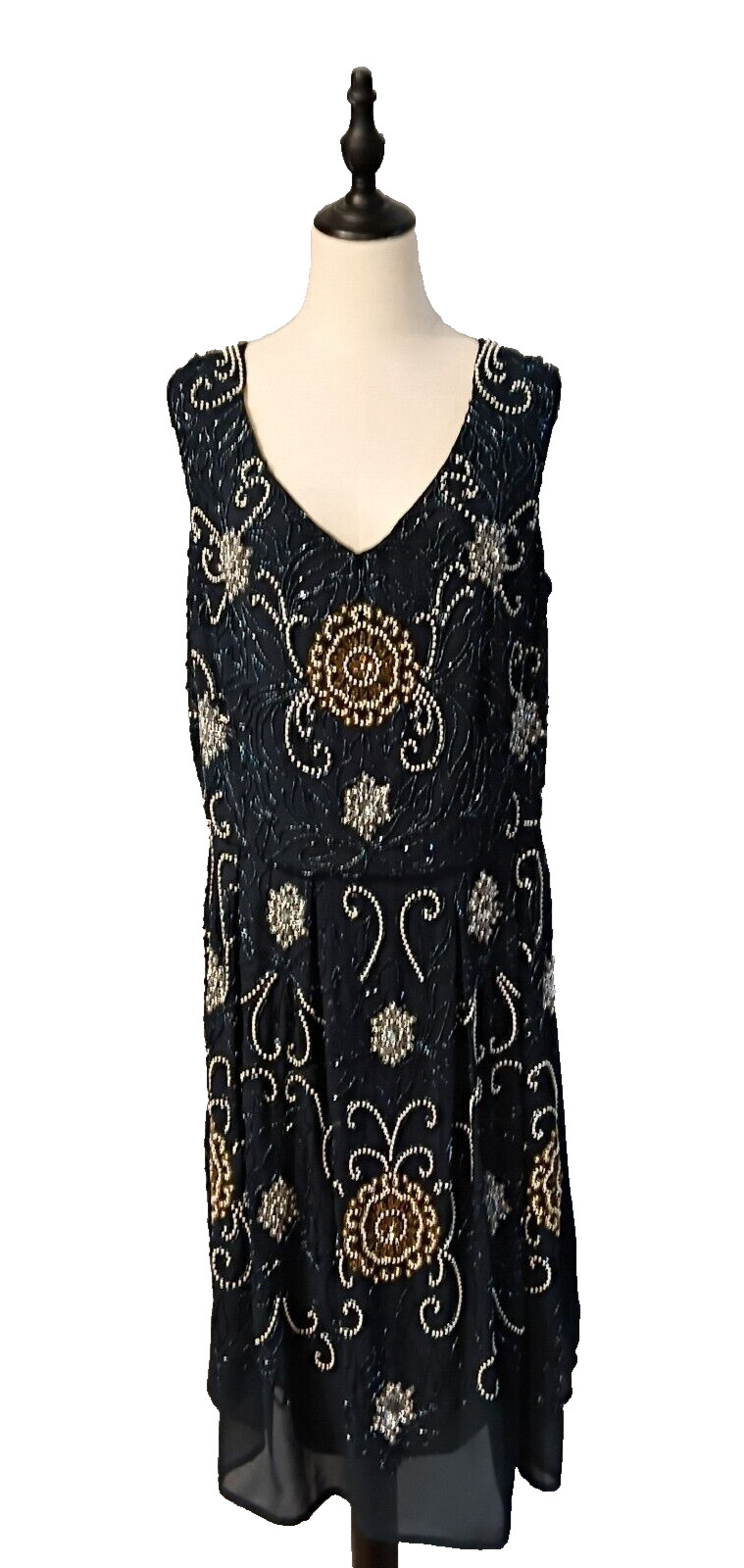 Lovedrobe Size 18 Navy Blue Silver Gold Beaded Sequins 1930's Look Evening Dress