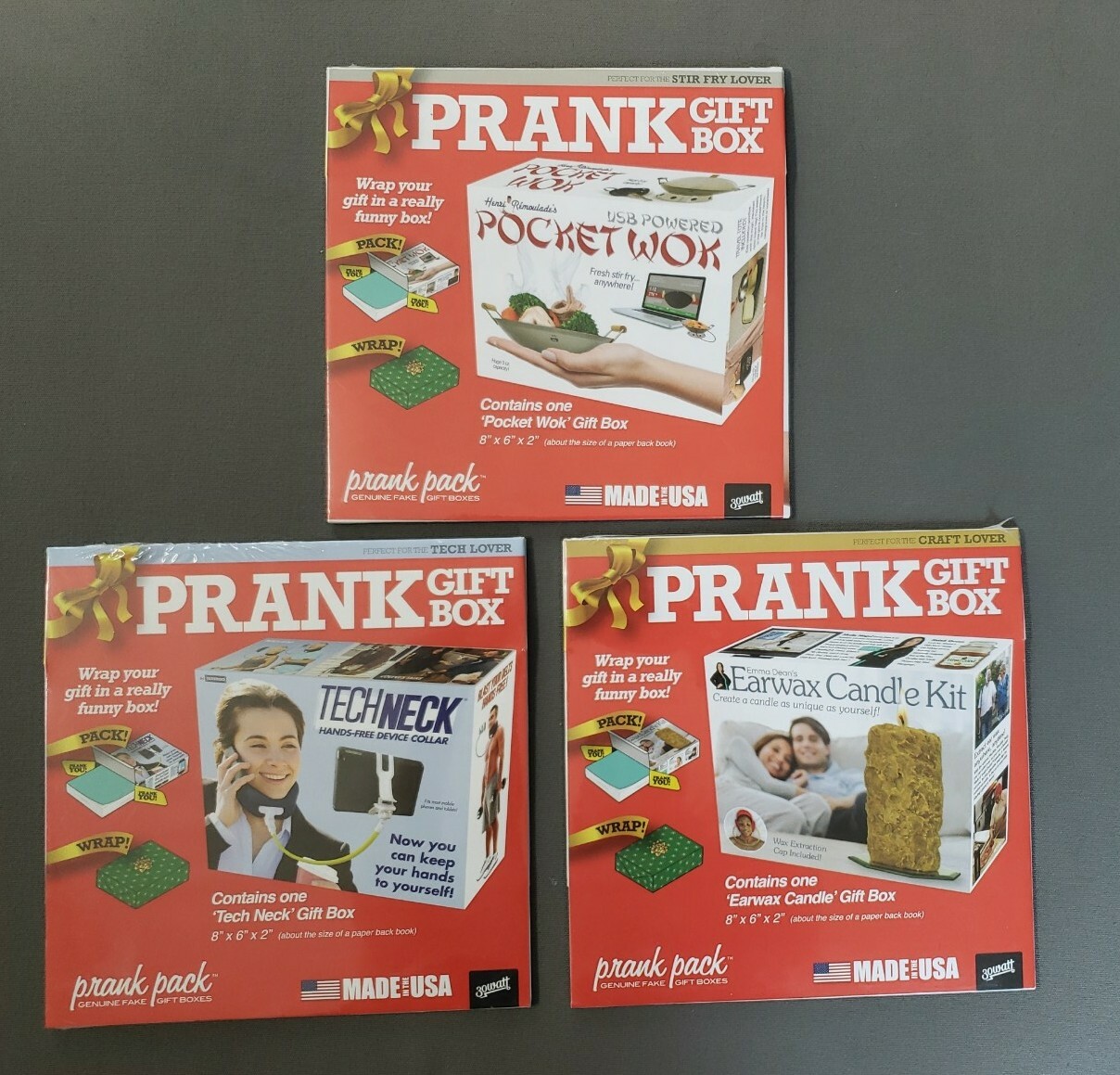 Prank Gift Box Variety Pack Of 3 Pocket Wok, Tech Neck, Earwax Candle Kit...