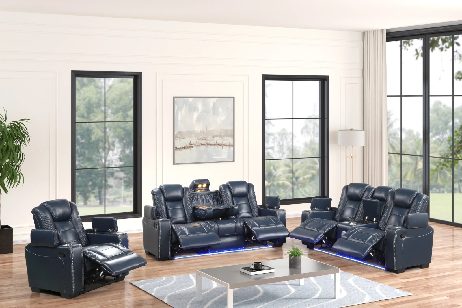 NEW 3PC LED Sofa Recliner Set Blue Leather Bluetooth Speaker & Wireless Charge