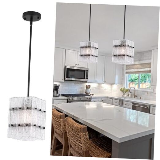 Modern Black Crystal Pendant Light,Elegant Luxury Square Water Ripple Glass 
