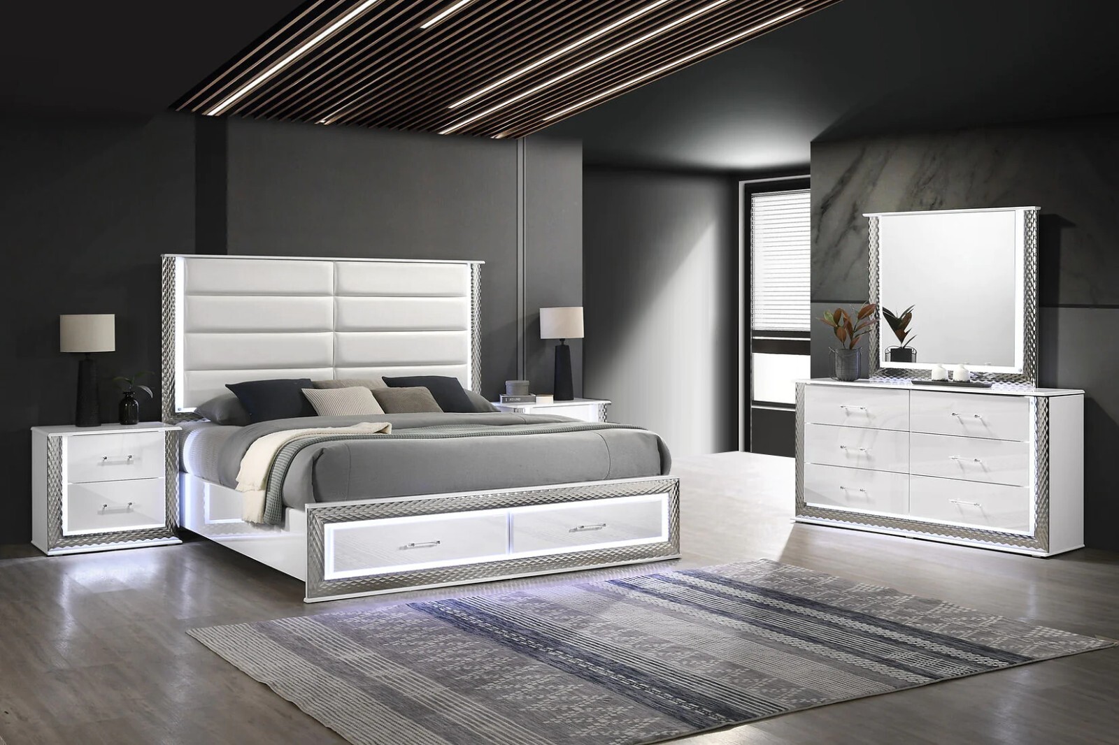 LUXURY Modern LED 4PC Gloss White Queen King Contemporary Bedroom Set Bed/D/M/N