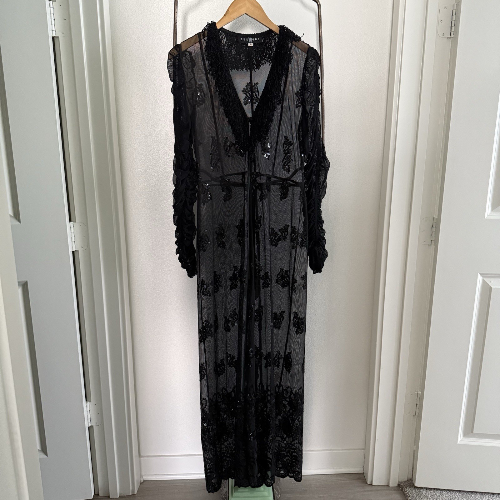 Vintage Sue Wong Sheer Maxi Duster Sequin Fringe Romantic Boho Evening Small USA