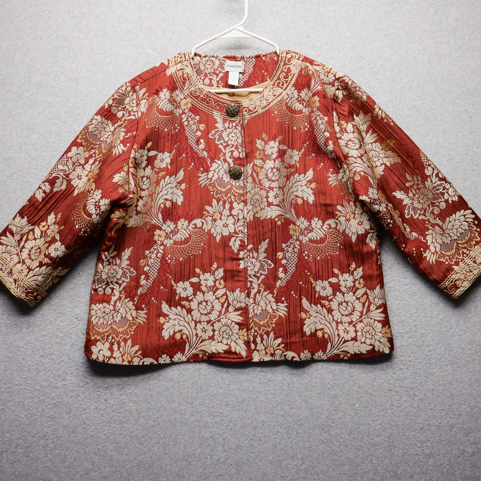 Chico's Jacket Womens XL Red Gold Floral Brocade Old Money Elegant Boho Mature
