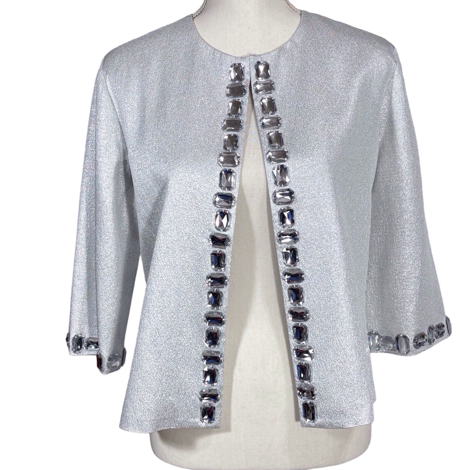 Adrienne Landau Cropped Evening Jacket Silver Metallic Embellished Womens Medium