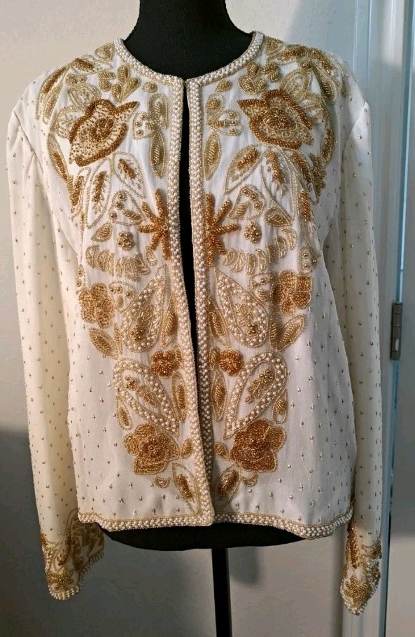 Silk Ivory Color Evening Jacket Gold Tone Sequin Beaded By Delia Roufogali Sz M