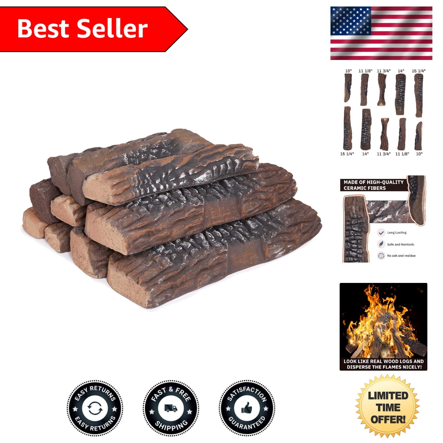Cozy 10-Piece Faux Wood Gas Logs for Stylish Fireplaces - Safe & Clean-Burning