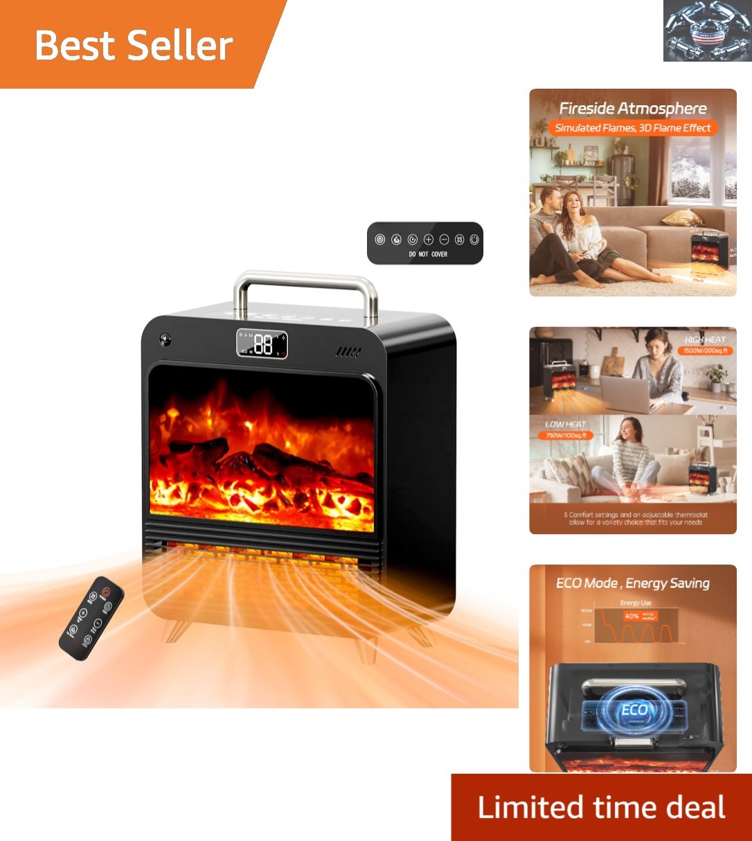 Cozy Home Office 750/1500W Electric Fire Heater with Adjustable Speed & Remote
