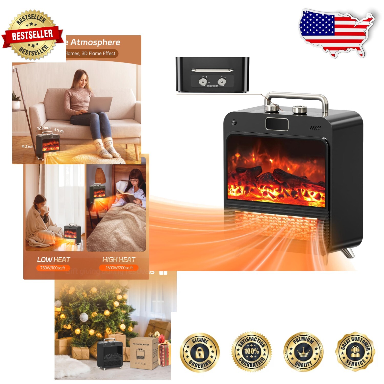 750/1500W Portable Electric Fireplace Heater - Safe, Cozy Heating for All Rooms