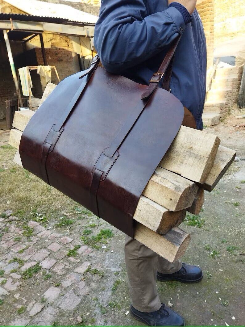 Personalized Leather Firewood Log Carrier, Brass Hardware, Waterproof Heavy Duty