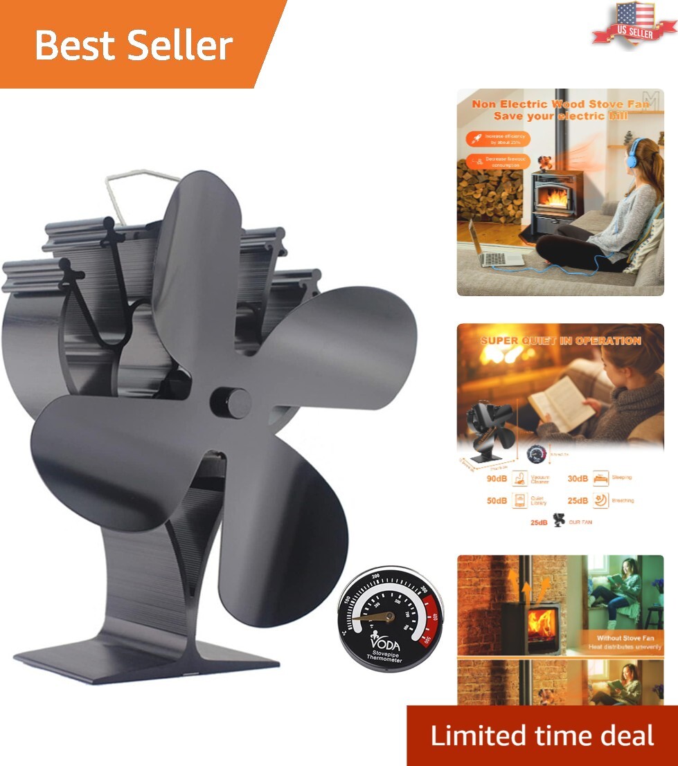 4-Blade Heat Powered Stove Fan with Magnetic Thermometer for Cozy Warmth