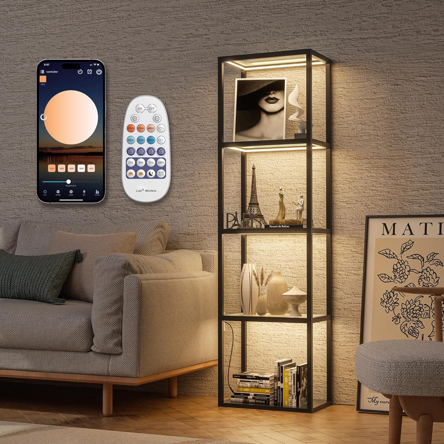 66" Luxury 4-Side Lighted Dimmable LED Glass Display Shelf, 4-Tier Curio Cabinet