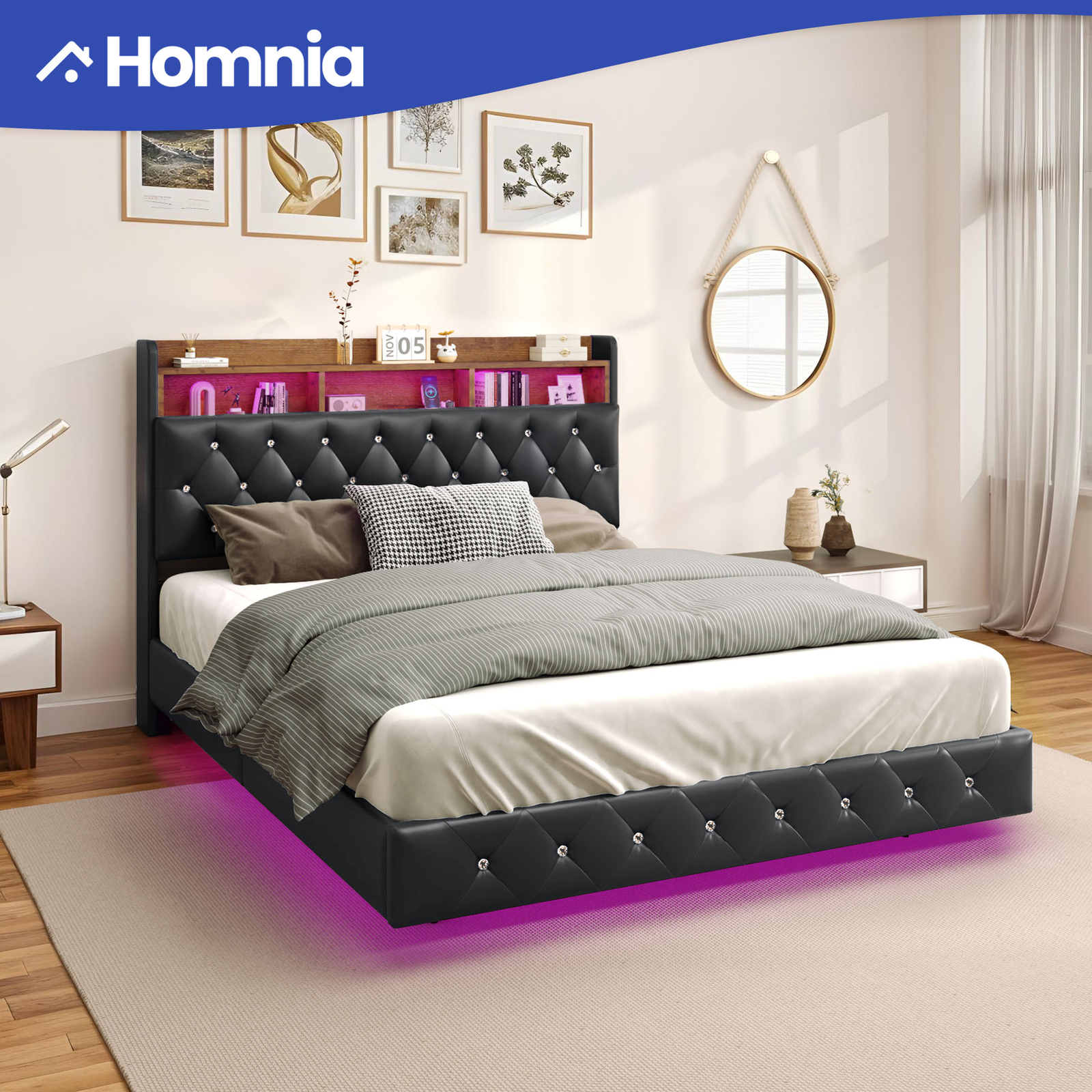 Queen Size Floating Bed Frame w/ Headboard Storage & Built In USB Charging Ports
