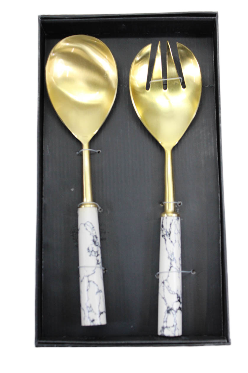 Tozai Home Gold Tone Marbled Handle Serving Fork Spoon Utensils Set Gold White