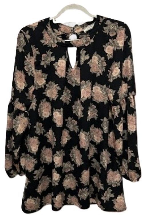 Romantic Mini Dress/Tunic M Black Pink Floral Boho Cottagecore Coquette Elegant