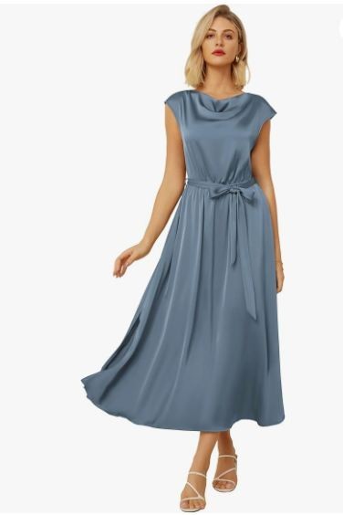 GRACE KARIN Women's XL Elegant Cowl Neck Midi Dress with Belt Honolulu Blue NWT