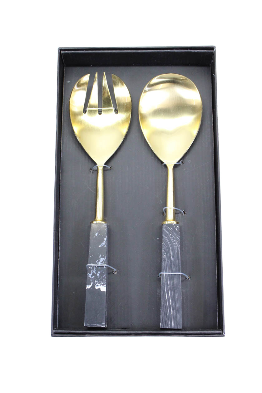 Tozai Home Gold Tone Marbled Handle Serving Fork Spoon Utensils Set Gold Black