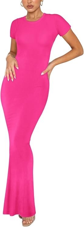 REORIA Women's Basic Summer Casual Lounge Long Dress Elegant Short Sleeve S S03