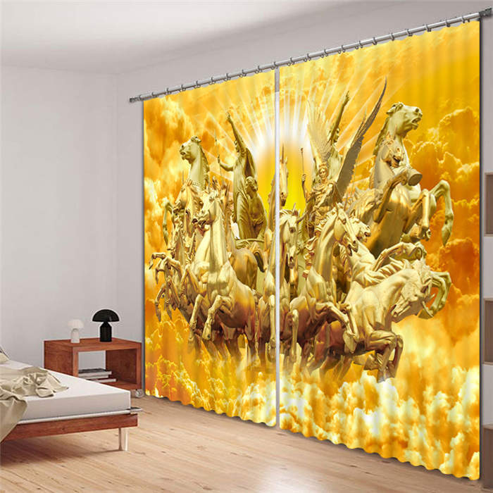 Golden Horses Person Clo 3D Blockout Photo Printing Curtains Draps Fabric Window