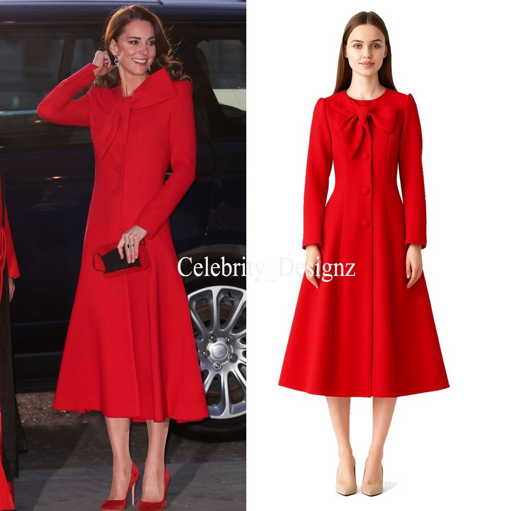Women's Elegant Red Maxi Coat Dress – Bow Tie Collar, Classic & Royal Style