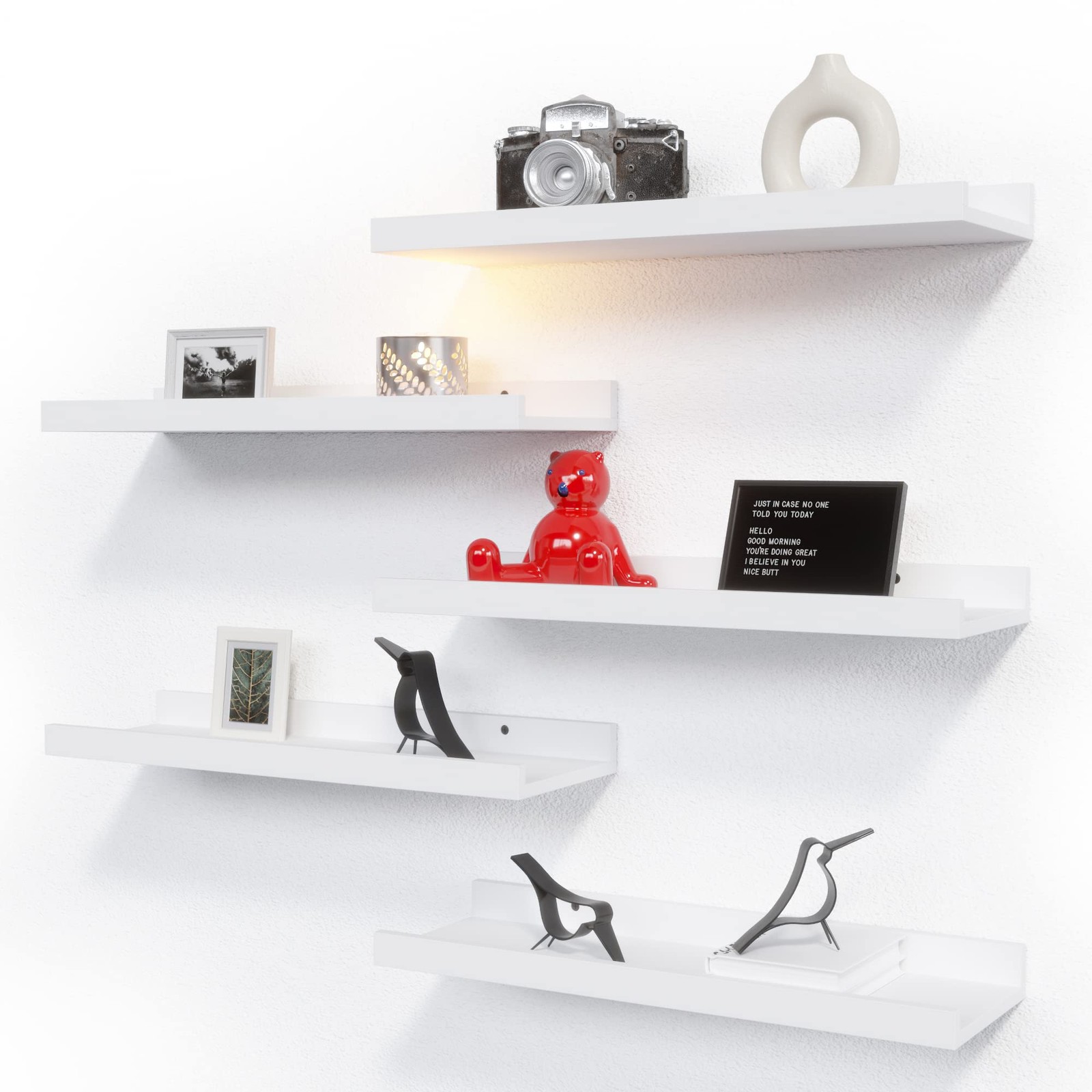 5 Set White Floating Shelves, Wall Mounted Shelves for Wall Decor, Modern Pic...