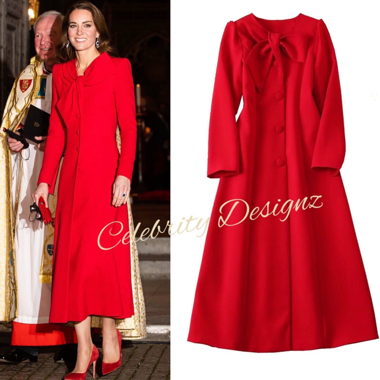 Women's Elegant Red Maxi Coat Dress – Bow Tie Collar, Classic Style, Regal Touch