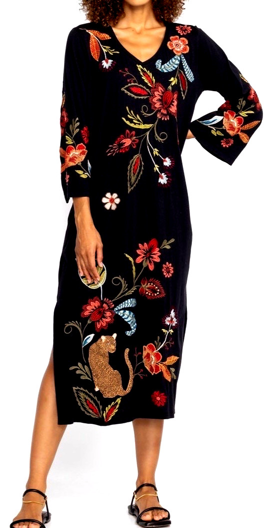 Johnny Was Isabella Cotton Black Tee Dress Gown Embroidered Tiger Elegant New