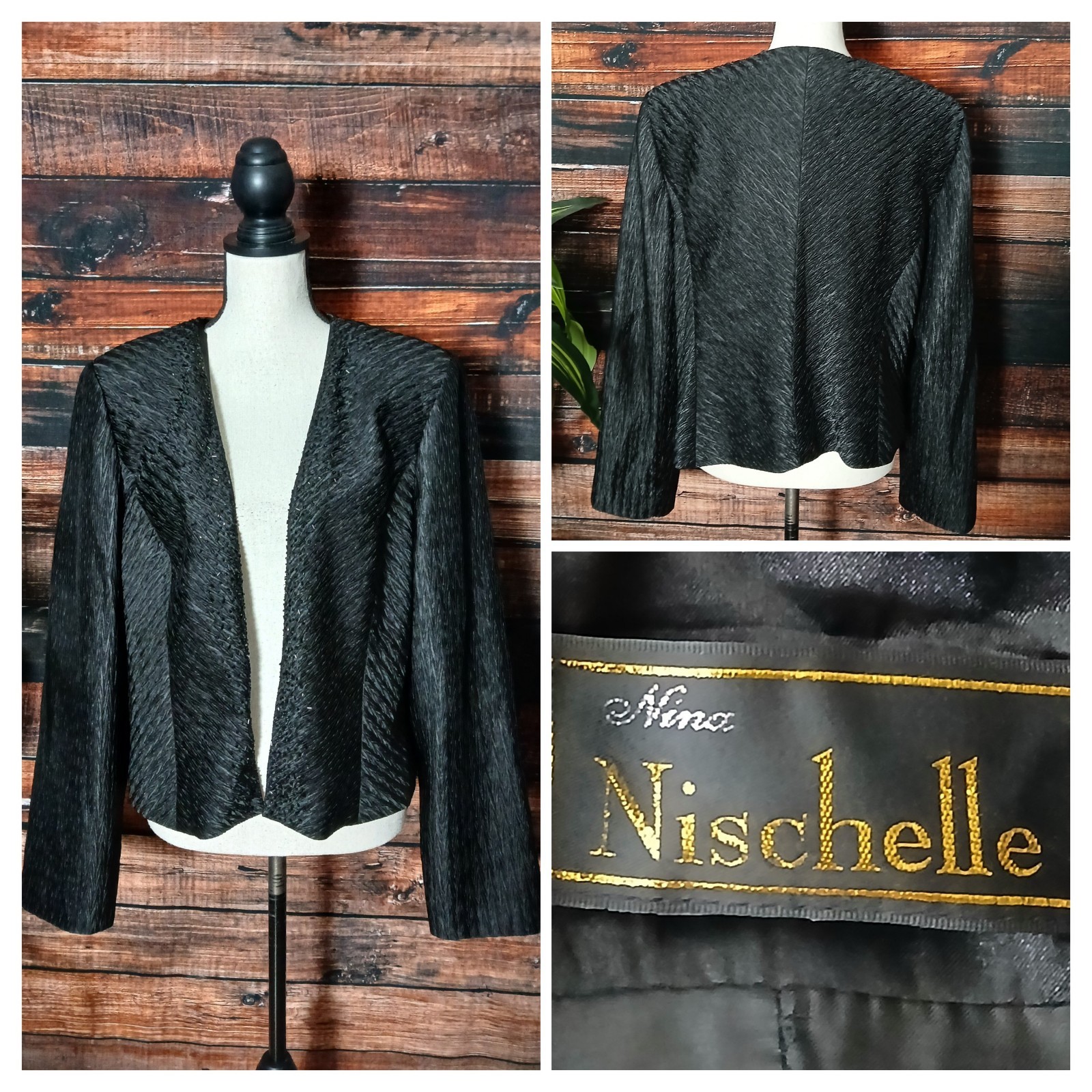 Nina Nischelle Jacket Plus Size 20 Formal Textured Black Beaded Open Front Lined