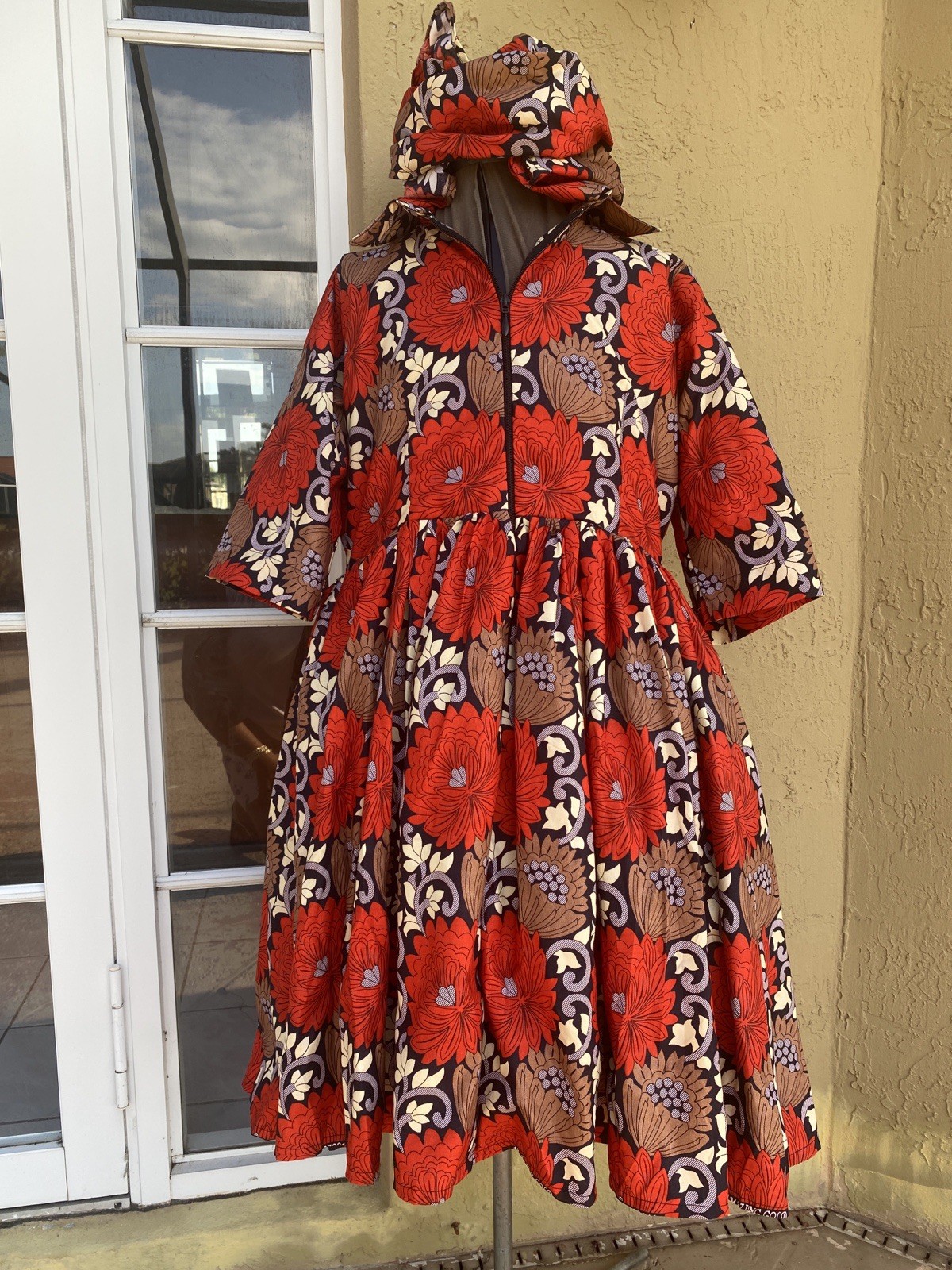 AFRICAN PRINT DRESS NIGERIAN ELEGANT COLORFUL ANKARA/WAX WITH HEAD SCARF-XL