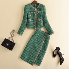 2pc Women's Fashion Elegant Sequin Tweed Slim Fit Outwear Coat The Bodycon Dress