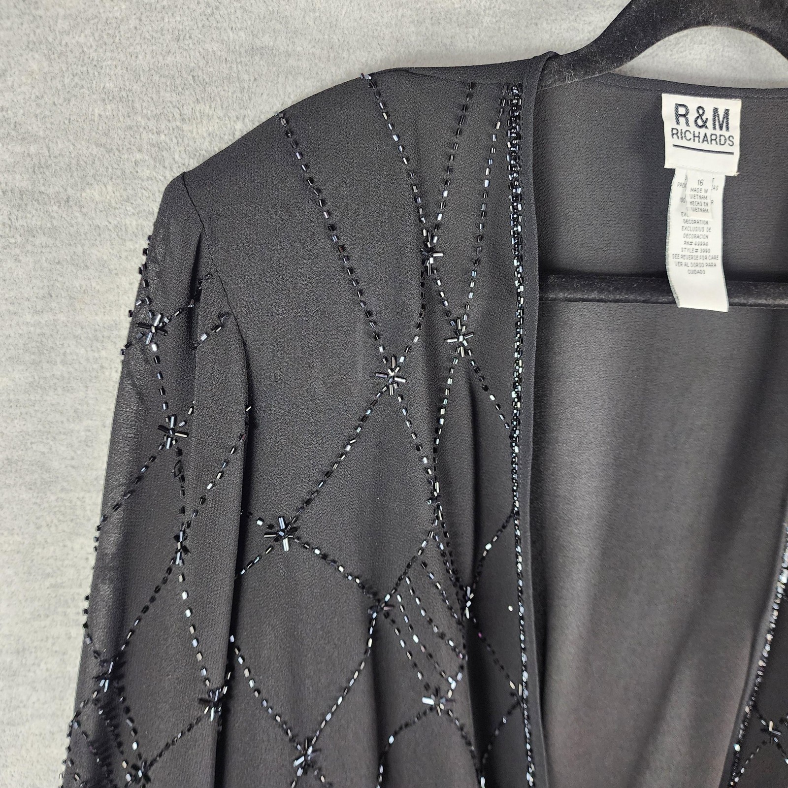 R&M Richards Jacket Womens 16 Black Sheer Beaded Open Front Evening Formal Party
