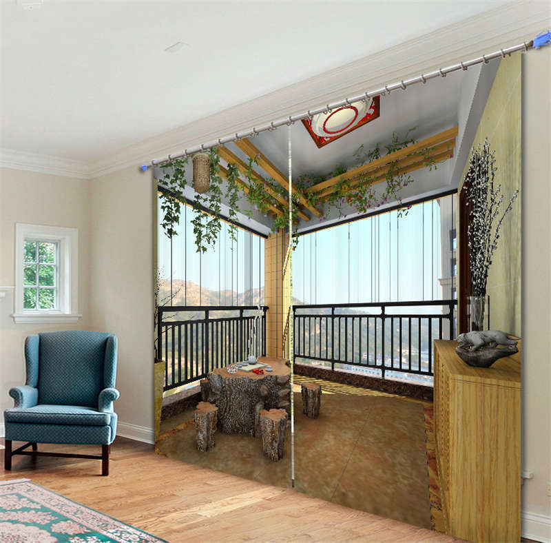 Unique Balcony View 3D Blockout Photo Mural Printing Curtain Draps Fabric Window