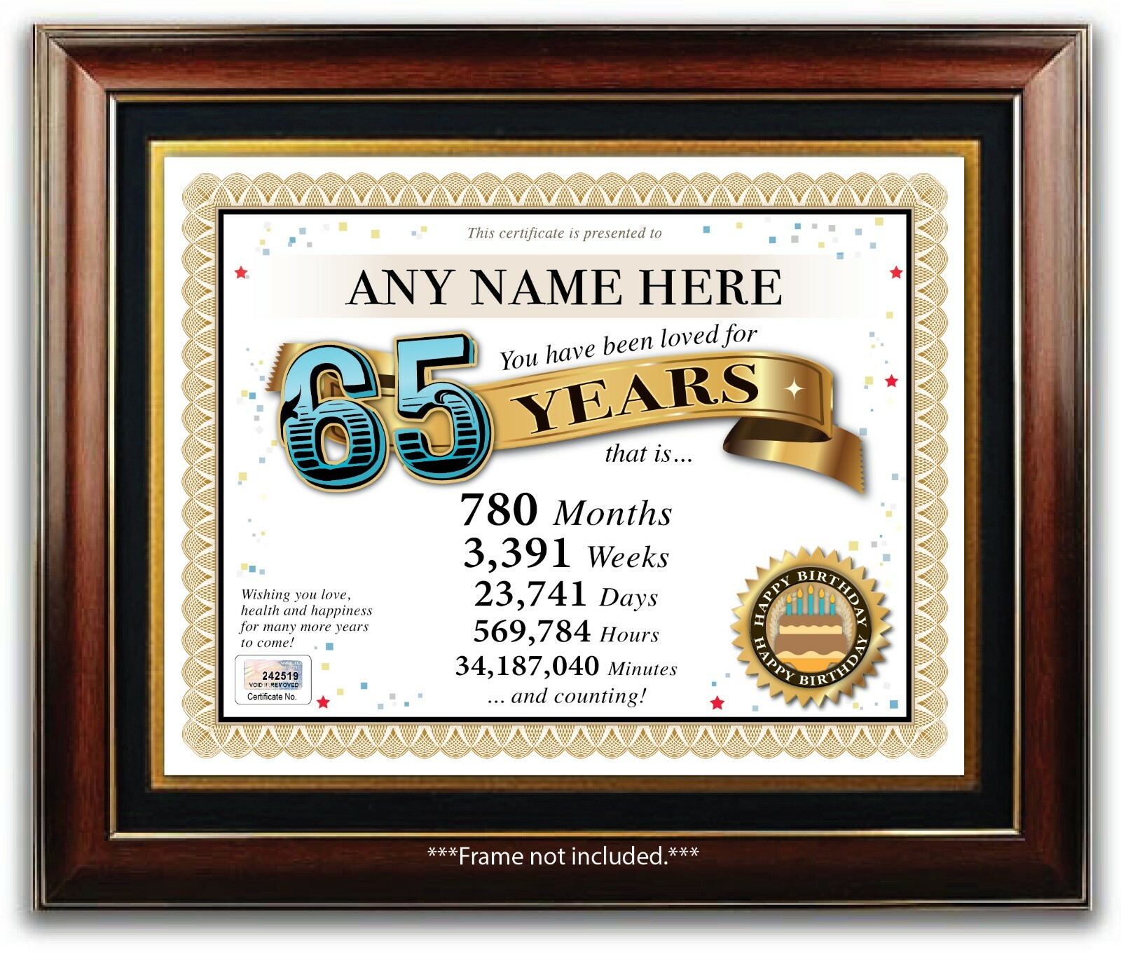 PERSONALIZED HAPPY 65th BIRTHDAY CERTIFICATE / CARD - 65 Year Old - PRESENT GIFT