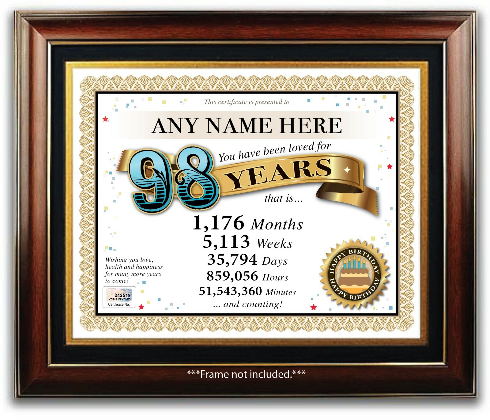 PERSONALIZED HAPPY 98th BIRTHDAY CERTIFICATE / CARD - 98 Year Old - PRESENT GIFT