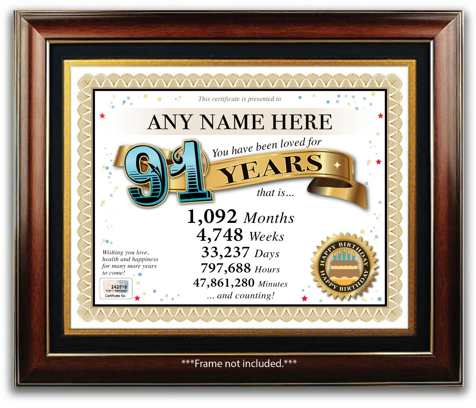 PERSONALIZED HAPPY 91st BIRTHDAY CERTIFICATE / CARD - 91 Year Old - PRESENT GIFT