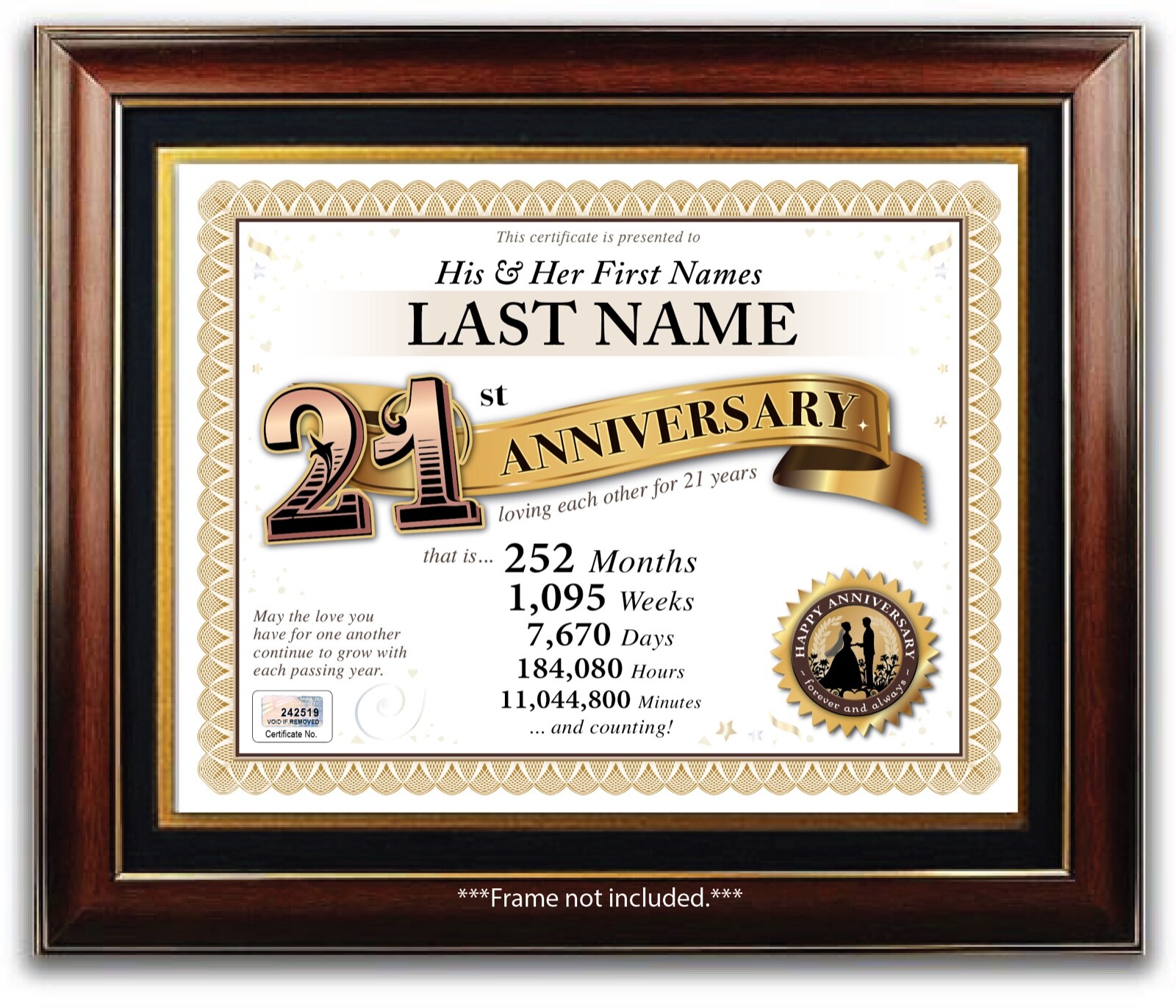 PERSONALIZED HAPPY 21st WEDDING ANNIVERSARY CERTIFICATE - 21 Years PRESENT GIFT
