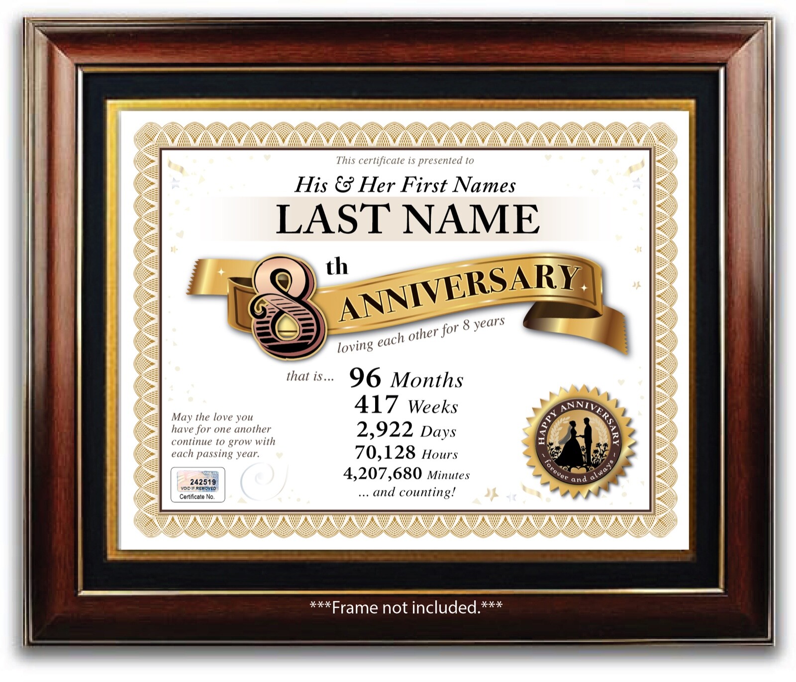 PERSONALIZED HAPPY 8th WEDDING ANNIVERSARY CERTIFICATE - 8 Years PRESENT GIFT