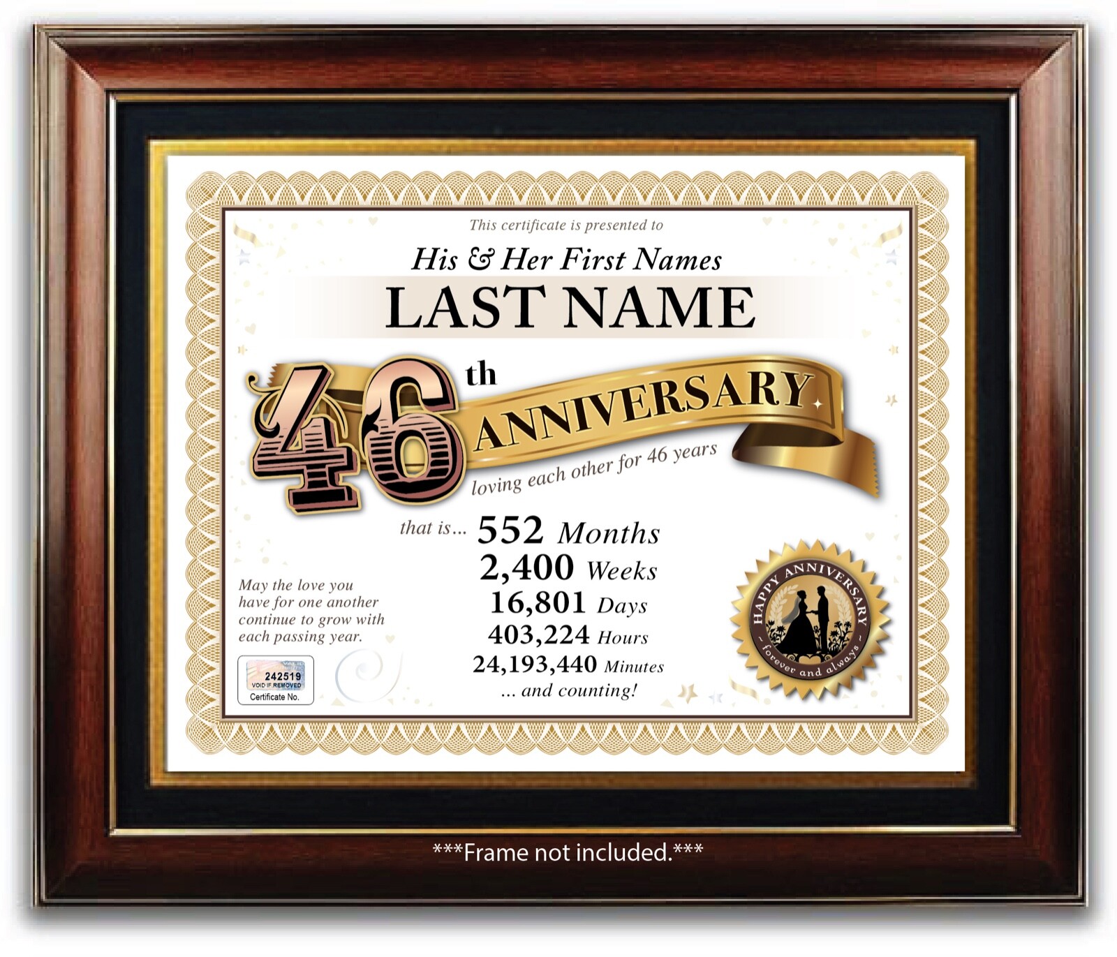 PERSONALIZED HAPPY 46th WEDDING ANNIVERSARY CERTIFICATE - 46 Years PRESENT GIFT