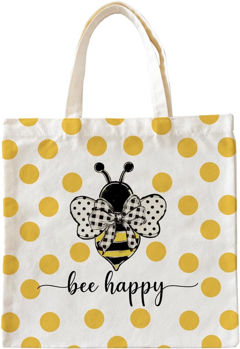 Bee Happy Canvas Tote Bag, Inspirational Gifts for Women Lovers,... 
