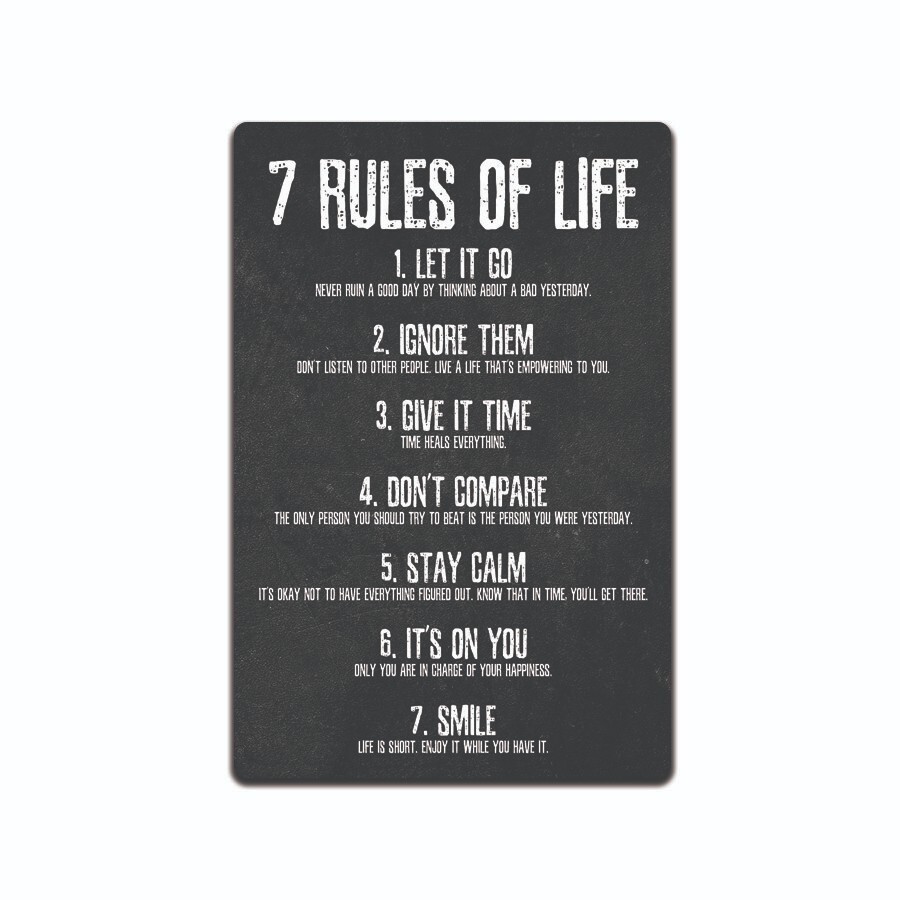INSPIRATIONAL QUOTE METAL TIN SIGN WALL DECOR 7 RULES OF LIFE MOTIVATIONAL 8X12"
