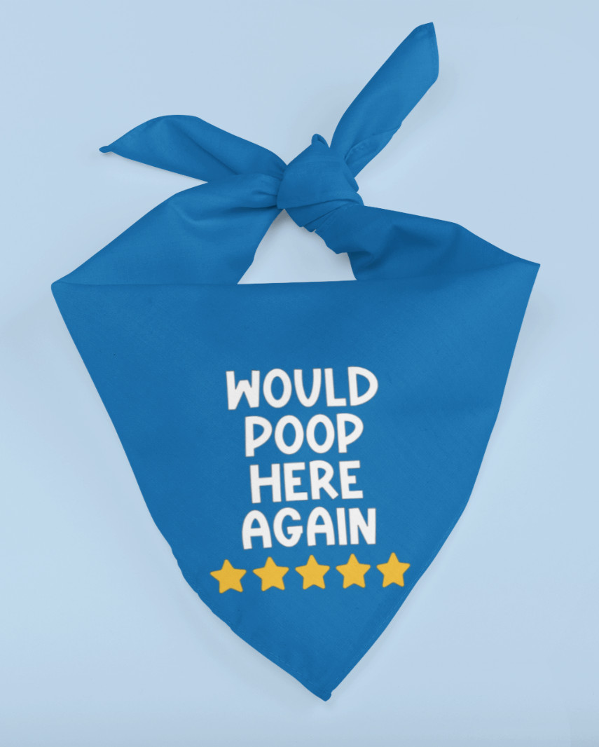 Would Poop Here Again 5 Star Funny Small Medium Dog Bandana Pet Accessories Blue